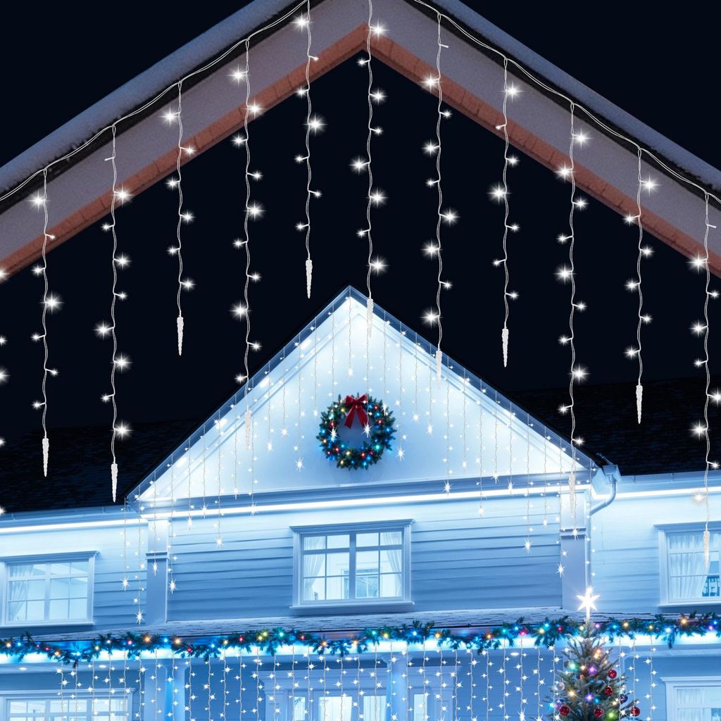 Faziango 10M 720 LED Eisregen Eiszapfen Lichterkette mit 8 Modi Kaltweiß Eisregen Eiszapfen Lichtervorhang mit Fernbedienung Garten Deko