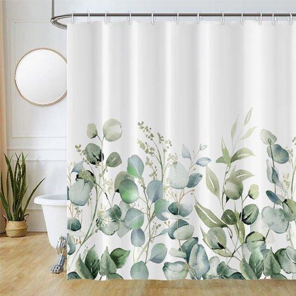 Unyqoos r Duschvorhang mit grünen Blättern und wasserfestem Aquarell-Pflanzenmotiv für das Badezimmer
