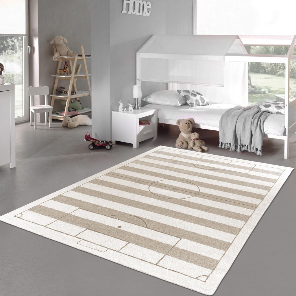 Kinderzimmerteppich weich robust gestreiftes Fussballfeld in creme beige Größe - 200 x 290 cm