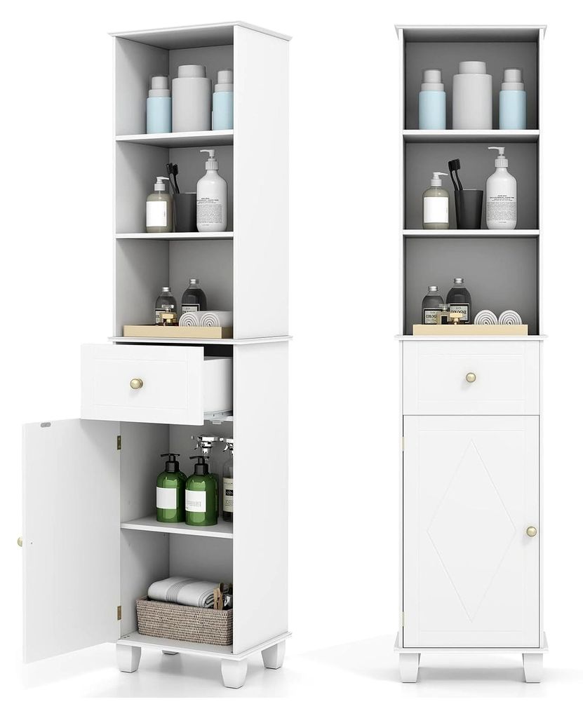 Schmaler Badezimmerschrank, Hochschrank mit 3 offenen Regalen, Schublade, Tür und verstellbarem Regal, Aufbewahrungsschrank aus Holz für Badezimm...