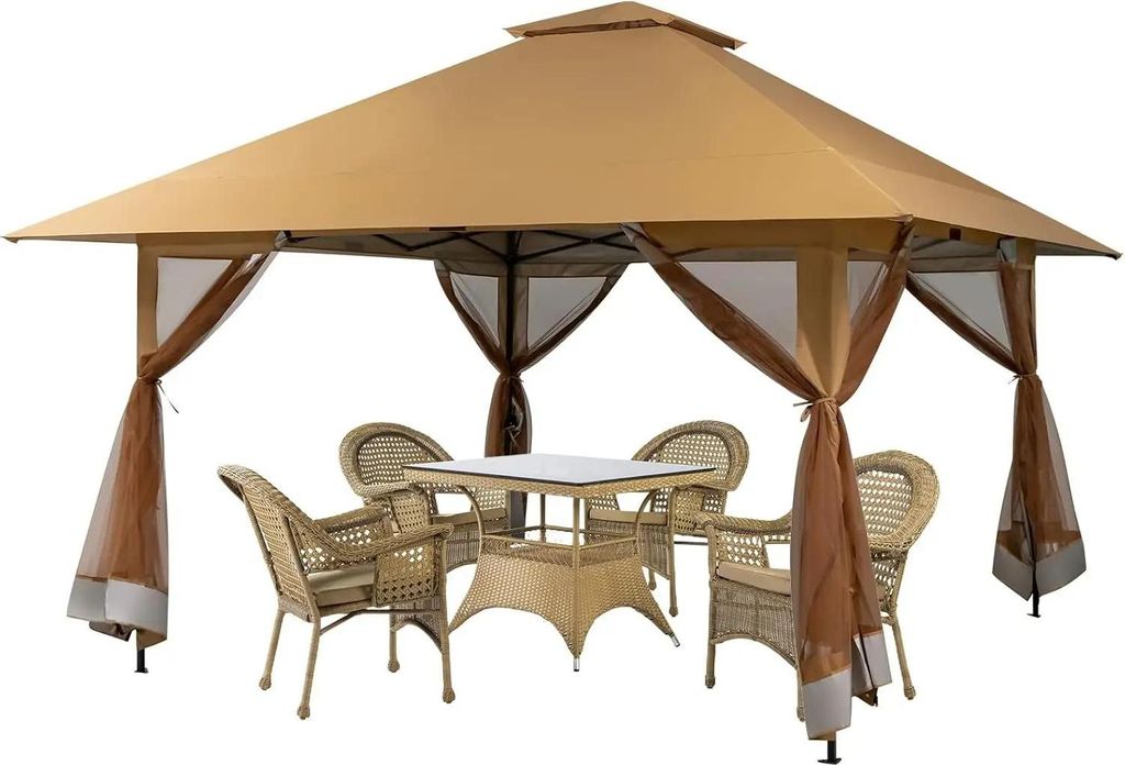 Gartenpavillon - Pop-up Faltpavillon - 4 x 4 m - Höhenverstellbar - Seitenwände mit Moskitonetz - UV-Schutz 50+ - Stahlgestell - 201T Polyester -...