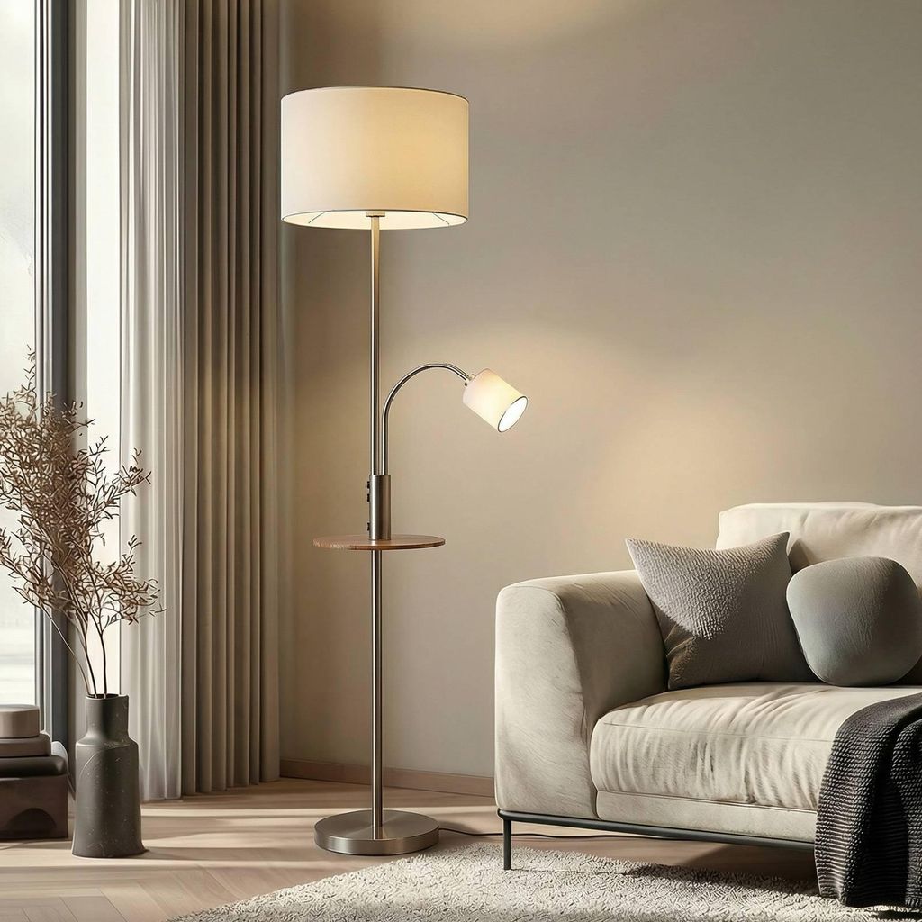 Lindby Stehlampe Aovan, nickelfarben, Ablage, USB-Anschluss Produktbild 