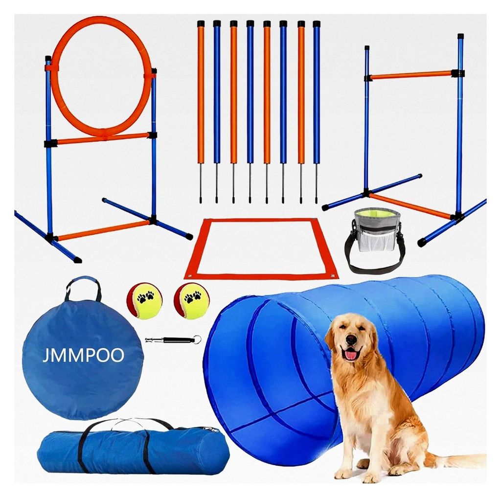 Agility Set für Hunde, 65-teiliges Agility Zubehör für Hundetraining mit Hundetunnel, Hürden, 8 Slalomstangen, Sprungring, 2 Tennisballspielzeu...