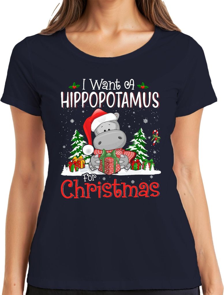 I Want A Hippopotamus For Christmas Lustig Nilpferd Santa Damen T-Shirt, Navy, XL
