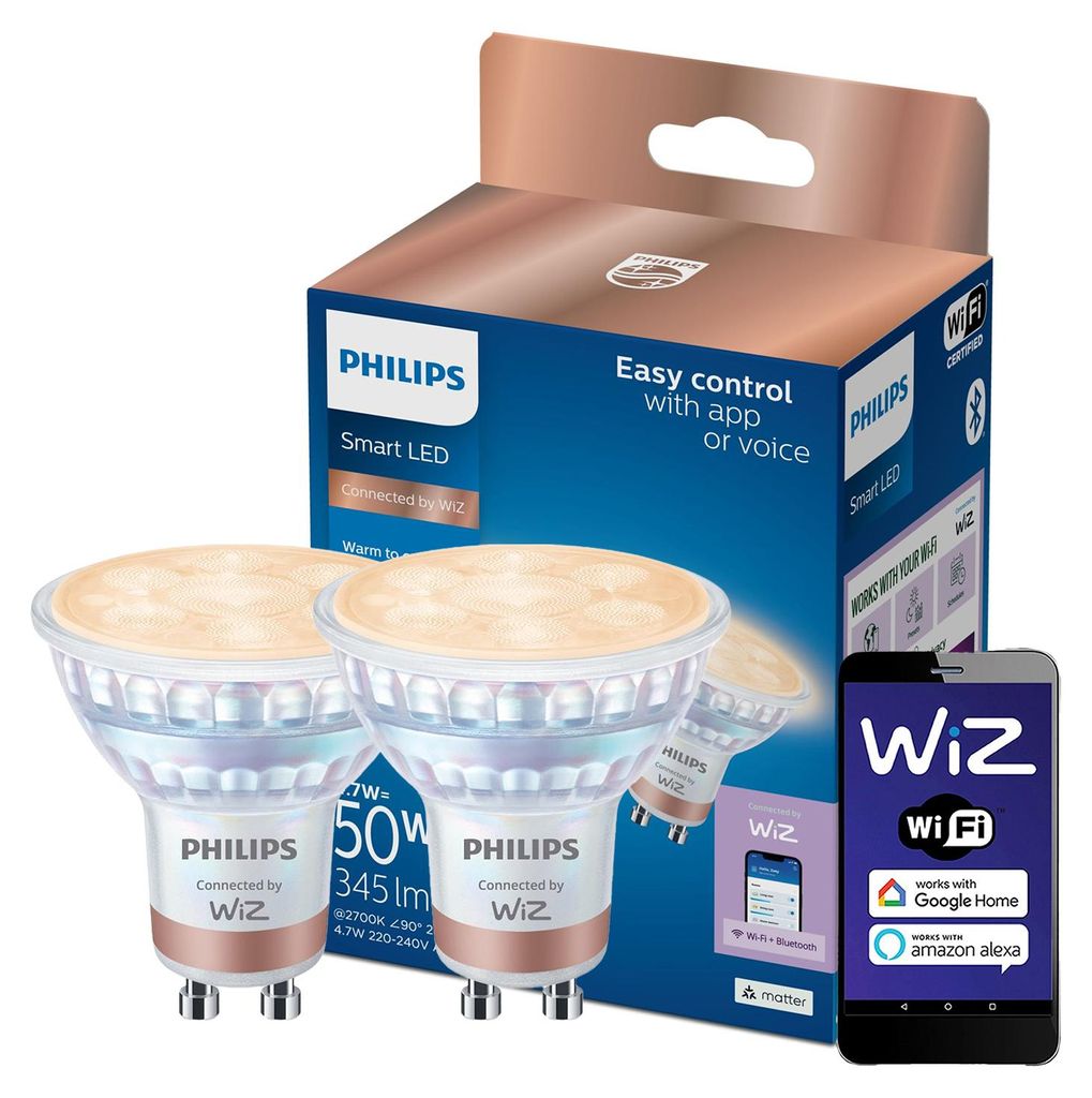 Philips 2x LED-Lampe GU10 Reflektor PAR16 4,7W = 50W 345 lm 2700–6500K TW Intelligente SMART WiFi Bluetooth-App WiZ