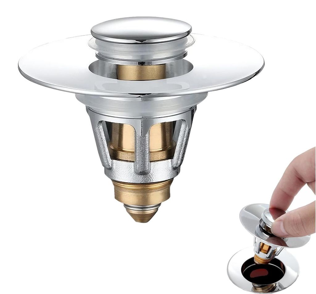 Universeller Pop-up-Abflussstopfen mit Anti-Verstopfungs-Sieb, Edelstahl-Abflussstopfen für Abflussöffnungen von 34-38 mm, einfach zu installiere...