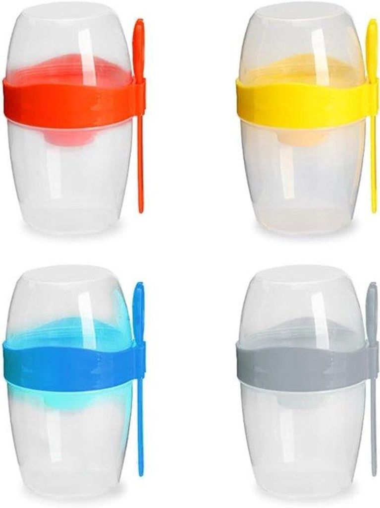 4 Stück tragbarer Diät-Shaker mit Löffel, Salat-Shaker mit Löffel, praktischer Trinkbecher für Outdoor-Aktivitäten (Blau, Gelb, Rot, Grau)