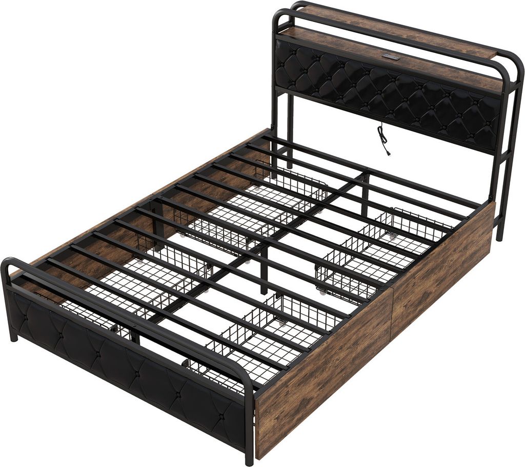 Flachbett(Schwarz,140*200cm)Eisenrahmenbett,Nachttischlampe, Produktbild 