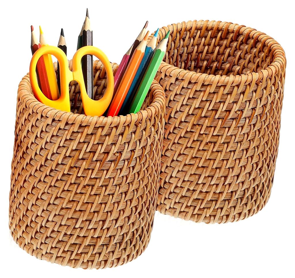 Gewebter Stifthalter aus Rattan für den Schreibtisch, multifunktionaler Organizer für Stifte, Make-up und kleine Gegenstände, 3 Zoll Ø, 4 Zoll ...