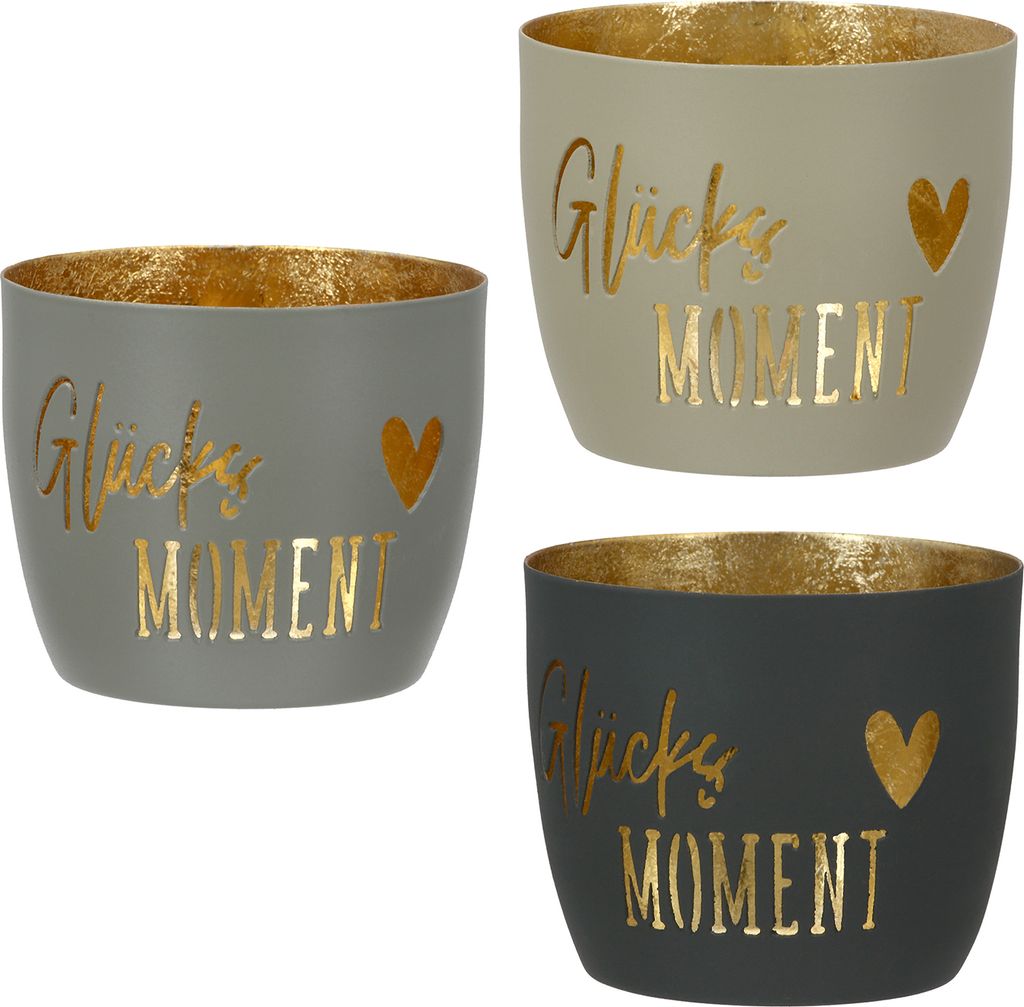 Gilde Windlicht, "Glücksmoment", Schriftzug, Metall, beige, Produktbild 