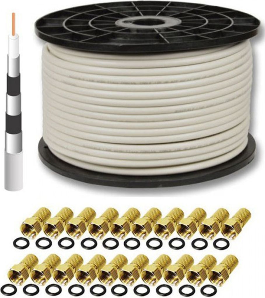 PremiumX DELUXE PRO Koaxial Kabel 135 dB 5-Fach geschirmt, reines Kupfer 100 Meter SAT Antennenkabel 100m 135dB + 20 F-Stecker 8mm in Farbe "GOLD" ...