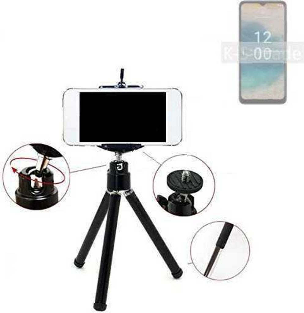 K-S-Trade Smartphone Stativ Dreibein kompatibel mit Nokia G22 Tripod aus Aluminium Klemmstativ Stativ Adapter für Mobiltelefone schwarz 1x