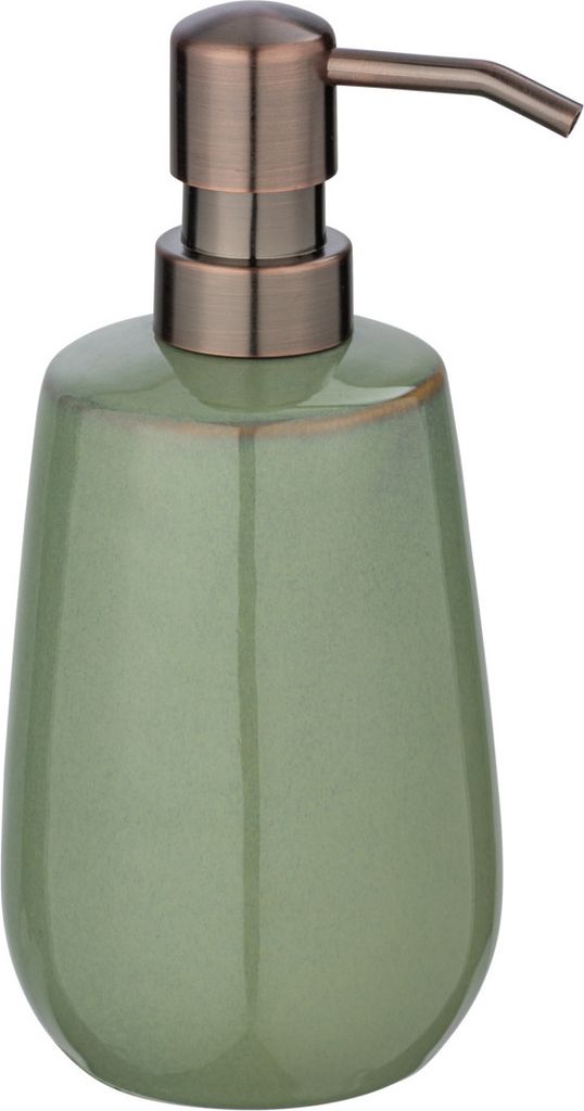 A green ceramic soap dispenser with a bronze pump mechanism.