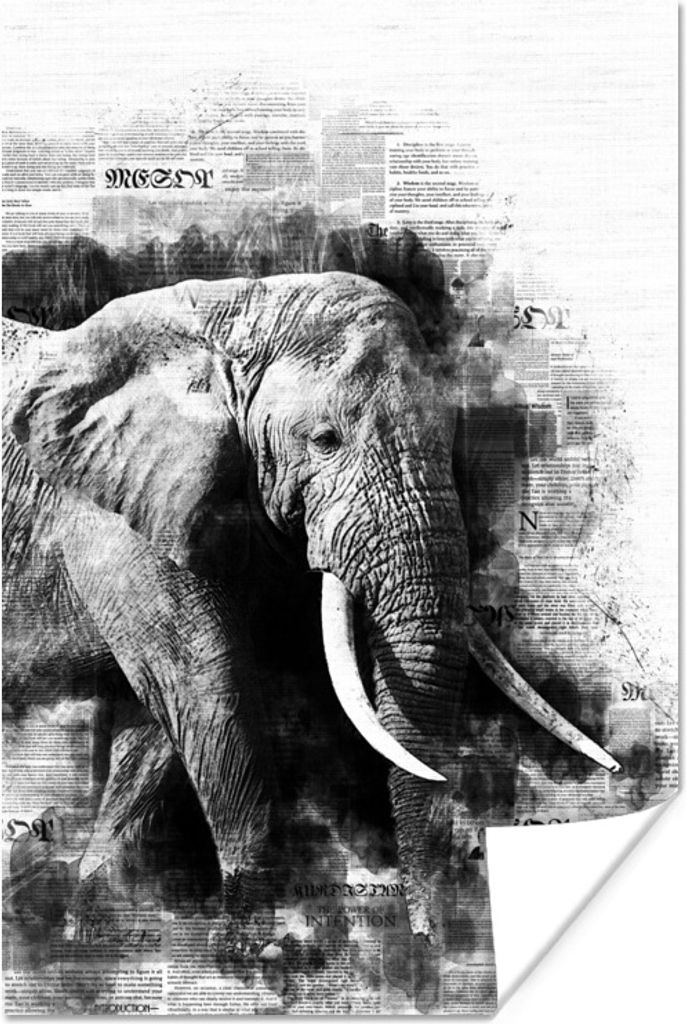 MuchoWow Poster Abstrakter Elefant auf Zeitungsausschnitt - schwarz und weiß 80x120 cm - Papierdruck