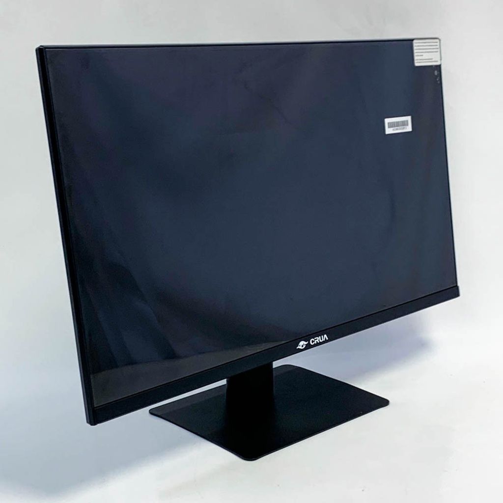 A black computer monitor on a white background.