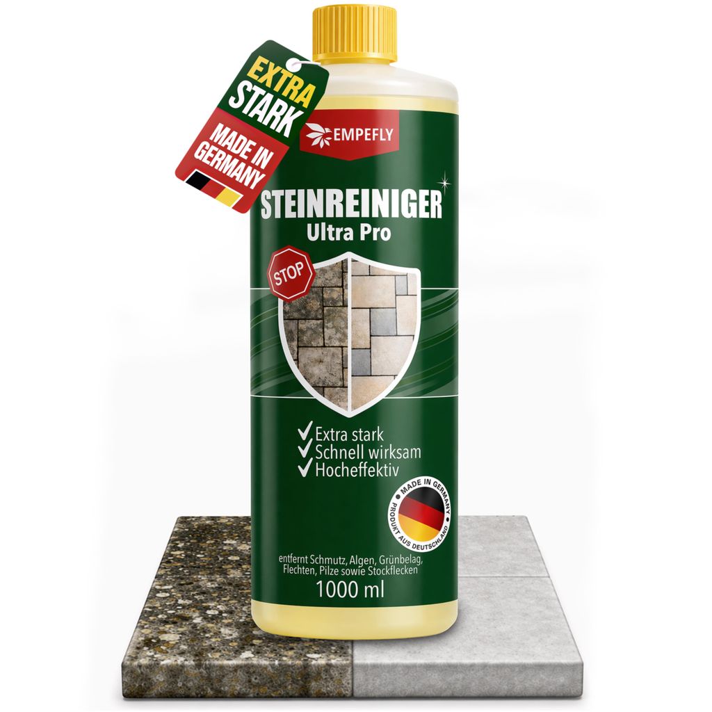 Empefly Steinreiniger Ultra Pro, intensiver Steinreiniger für außen mit Sofortwirkung, entfernt Schmutz, Grünbelag & Flechten auf Steinen 1x 1L