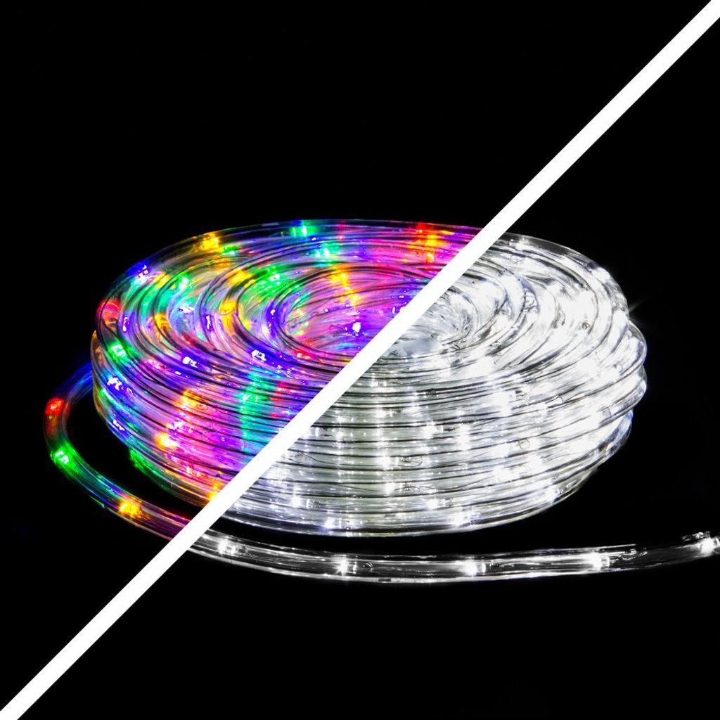 A coiled rope light with multicolor LEDs on one side and white LEDs on the other, set against a black background.