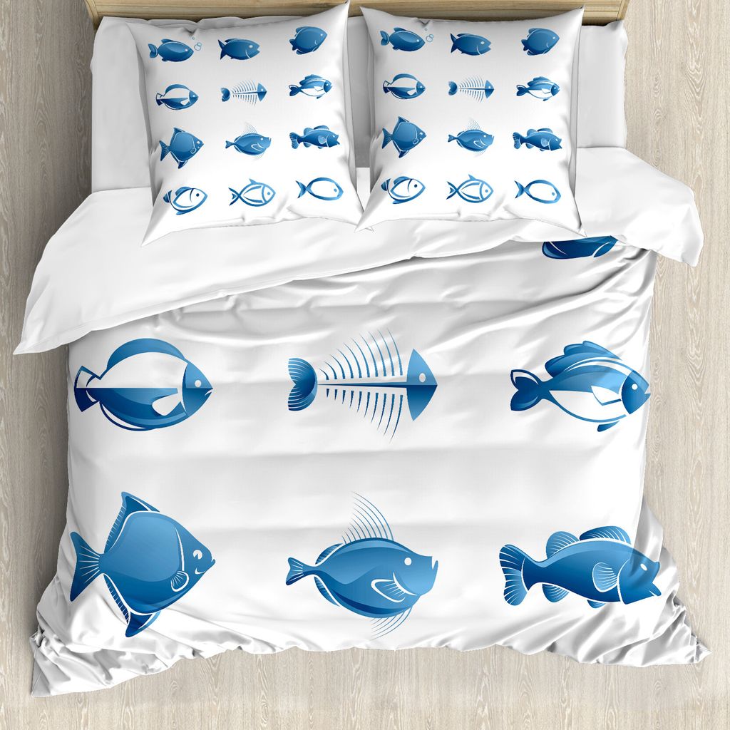 ABAKUHAUS Fisch Bettbezug, Array of Fish Marine Life, Milbensicher Allergiker geeignet mit Kissenbezügen, 155 cm x 220 cm - 80 x 80 cm, Blau Weiss