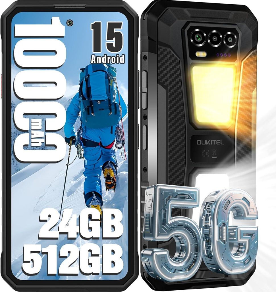 OUKITEL WP58 Pro Outdoor Handy 5G, 24GB+512GB 10000mAh/33W Outdoor Smartphone Android 15, 6.7" 120Hz Dual Camping Licht, 64MP/NFC Smartphone, Schwarz