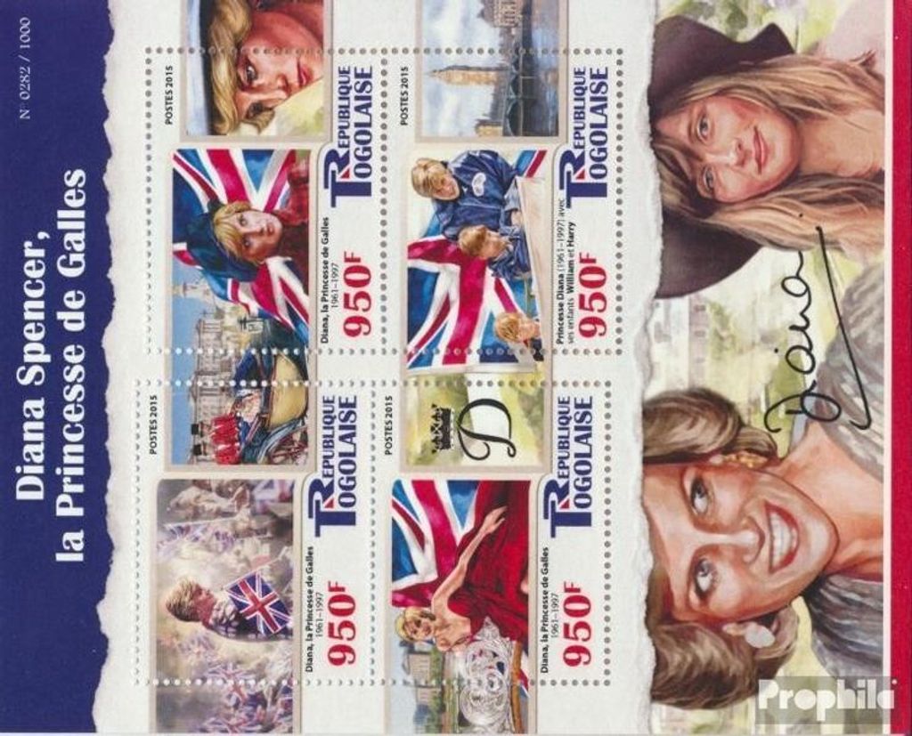 Briefmarken Togo 2015 Mi 7073-7076 Kleinbogen (kompl. Ausgabe) postfrisch Prinzessin Diana