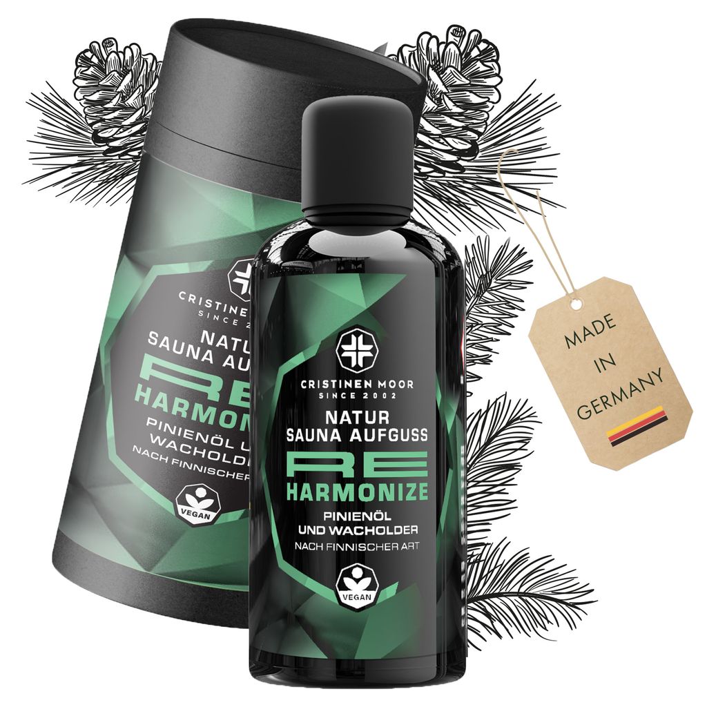 Cristinen Moor Saunaaufguss Pinienöl, Wacholder & Amyrisöl nach finnischer Art | Re Harmonize, 100ml, Saunaöl, Saunakonzentrat, vegan, Germany