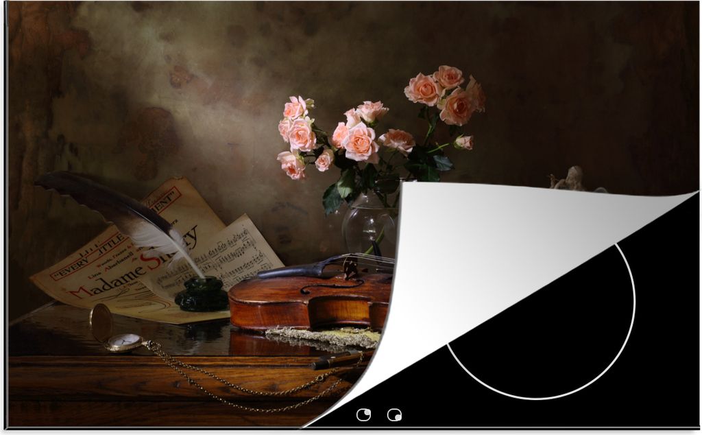 KitchenYeah Herdabdeckplatte Violine - Rosen - Rosa - Blumen - Stilleben , 91x52cm, Küche Deko, Glaskeramikfeld Herdabdeckung, Abdeckplatte fùr...