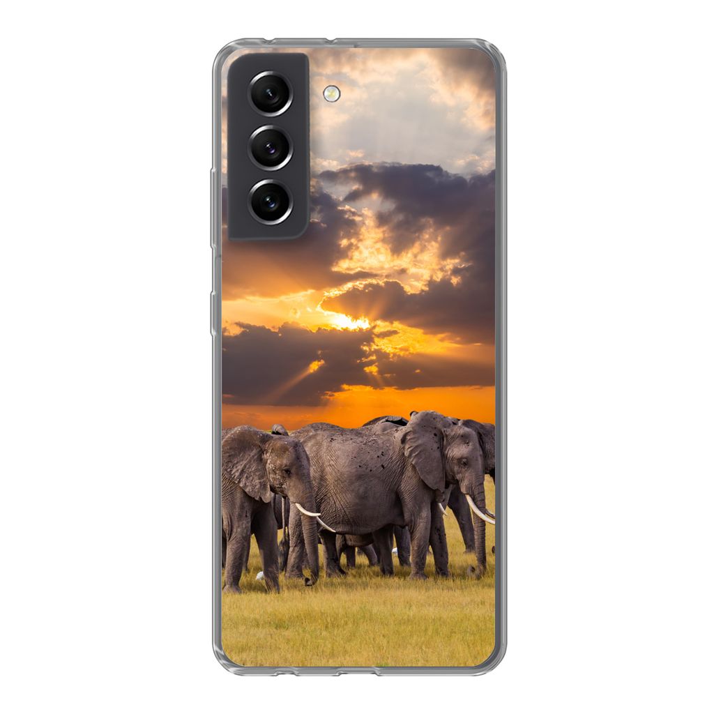 MuchoWow Handyhülle Schutzhülle Hülle für Samsung Galaxy S21 FE Elefant - Tiere - Gras - Sonnenuntergang - Natur Silikon Softcase Handy Hüll...