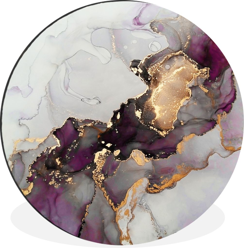 MuchoWow Aluminium Wandkreis Marmor - Abstrakt - Gold - Lila Ø 90 cm Wanddeko Modern Wohnzimmer - Mauerkreis - Wandbilder - Runde Bild - Bild au...