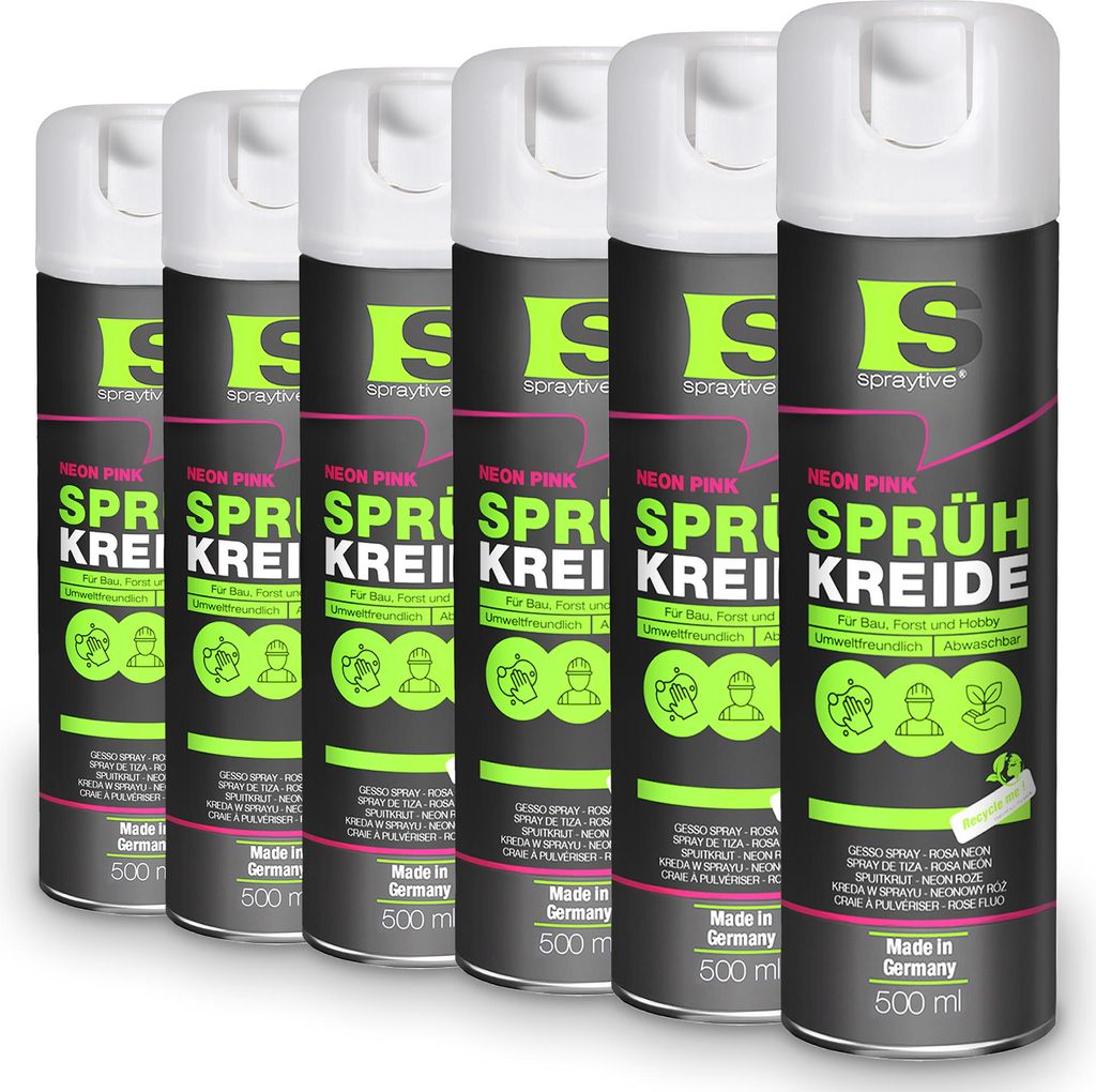 Spraytive 6x 500ml Sprühkreide neon-pink - Abwaschbare leuchtende Kreidefarbe, Outdoor Kreidespray, Bodenmarkierung, Temporäres Markierungsspray