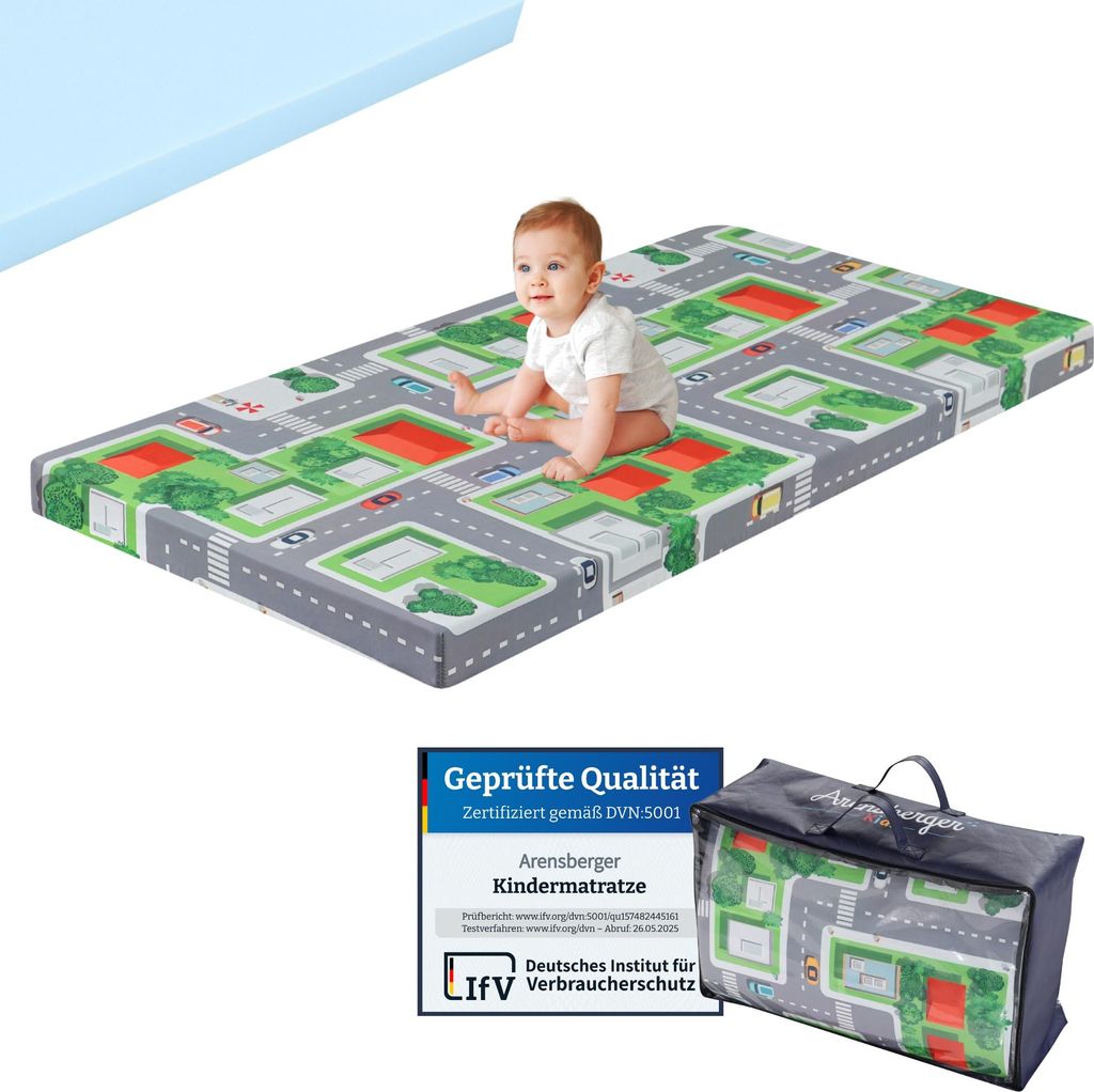 Arensberger Kinderreisebett Matratze 60x120 cm – faltbare Baby- & Kindermatratze mit Stadtmotiv, Nanocell Gelschaum, abnehmbarer Bezug & Tragetasche