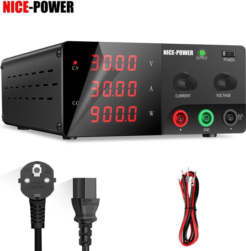 Labor-Netzteil - Einstellbares DC-Schaltnetzteil - 0–30V 30A - 900W - LED-Display - Doppeldrehregler Feineinstellung - CV/CC - Rot