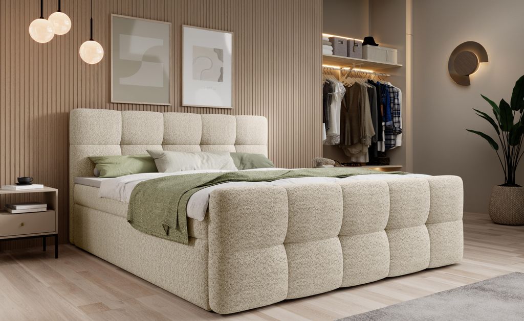 Kontinentalbett 140x200 cm Calma mit Bettkasten, Matratze und Topper, Boxspringbett Doppelbett Polsterbett mit Stauraum, Gepolstertes Kopfteil
