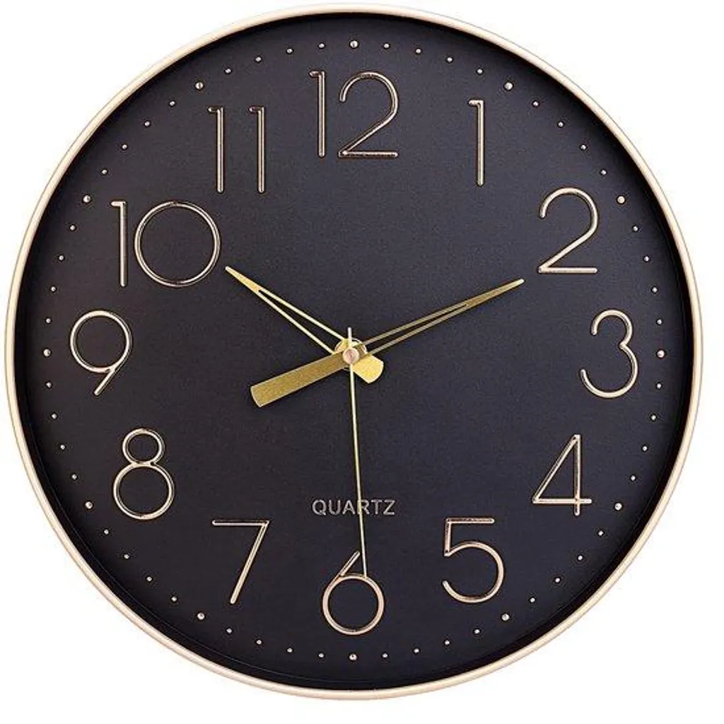 Horloge noire 30 cm chiffres arabes discrets et décoration dorée