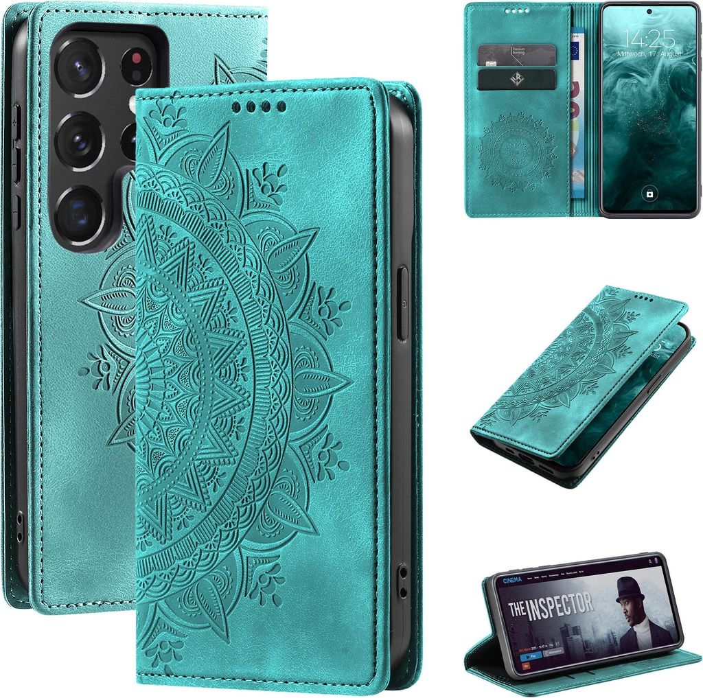 Mandala Handyhülle für Samsung Galaxy S22 Ultra RFID Schutz Klapphülle Case Cover Design Schutzhülle Farbe: Türkis