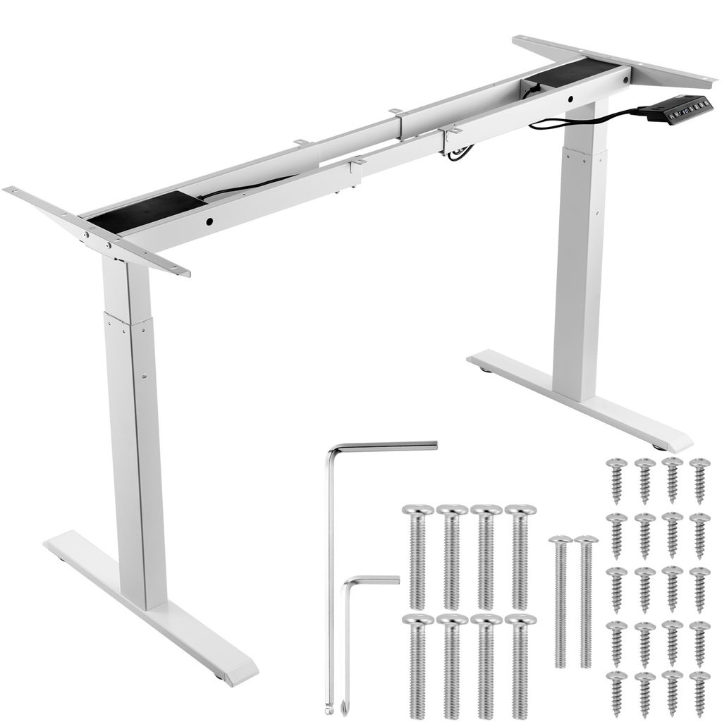 A white electric standing desk frame with included screws and Allen wrenches, displayed on a white background.