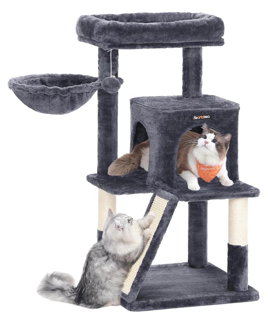 Kratzbaum für Katzen - Kletterbaum - 4 Ebenen - Große Plattform - Höhle - Hängekorb - Holz - Grau