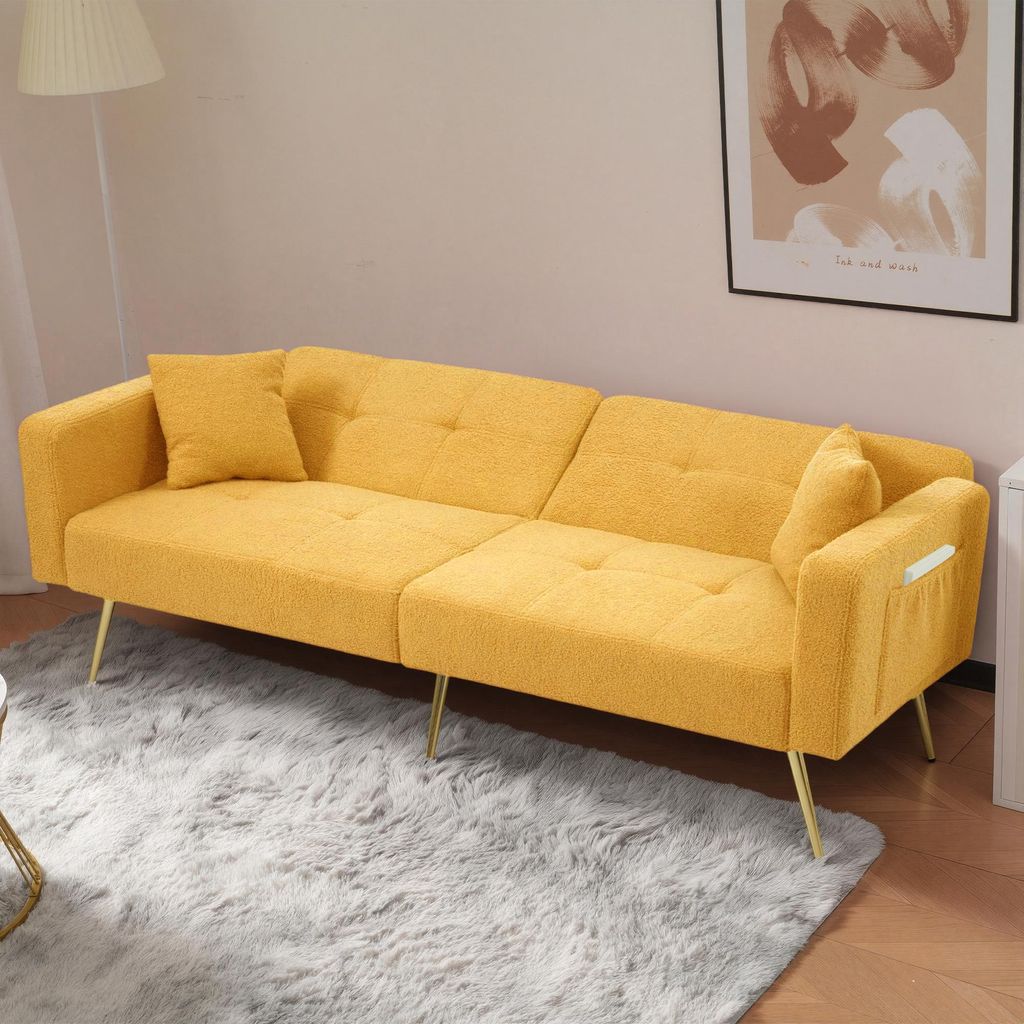 STILVORA Schlafsofa mit Bettfunktion und verstellbarer Rückenlehne, Sofa mit Lammwollbezug und goldenen Beinen mit Kissen, Klappsofa mit seitliche...