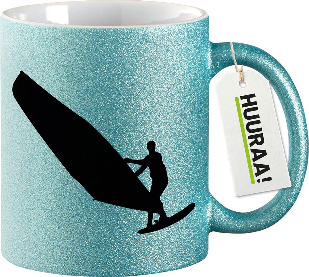 Huuraa Glitzertasse Windsurfen Silhouette 330ml Blau Keramik Kaffeebecher Geschenkidee