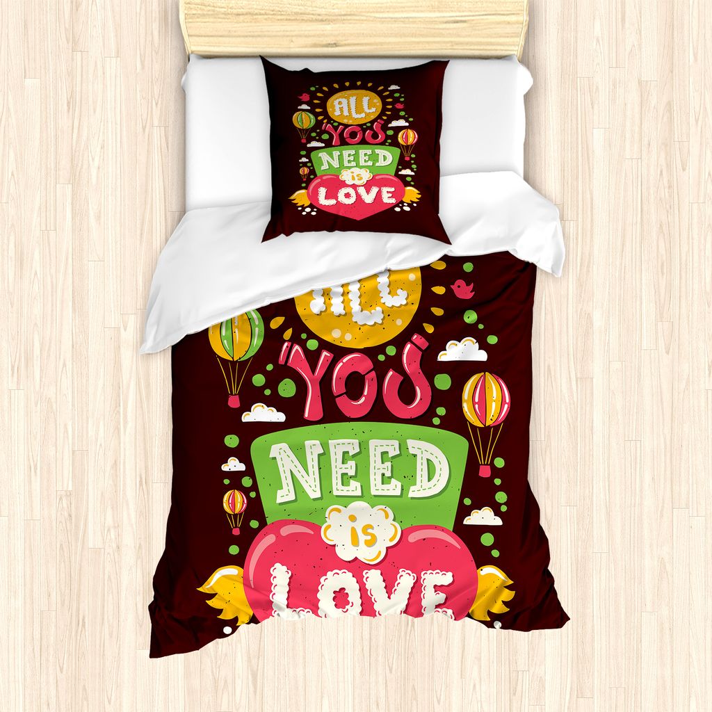 ABAKUHAUS Alles was du brauchst ist Liebe Bettbezug Set für Einzelbetten, Heißluft-Ballone Hipster Kunst, Milbensicher Allergiker geeignet mit Ki...