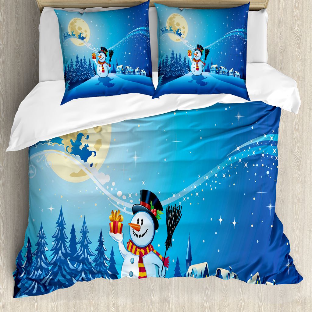ABAKUHAUS Weihnachten Bettbezug, Snowy Land Kiefern-Mond, Milbensicher Allergiker geeignet mit Kissenbezügen, 200 cm x 200 cm - 80 x 80 cm, Blau W...