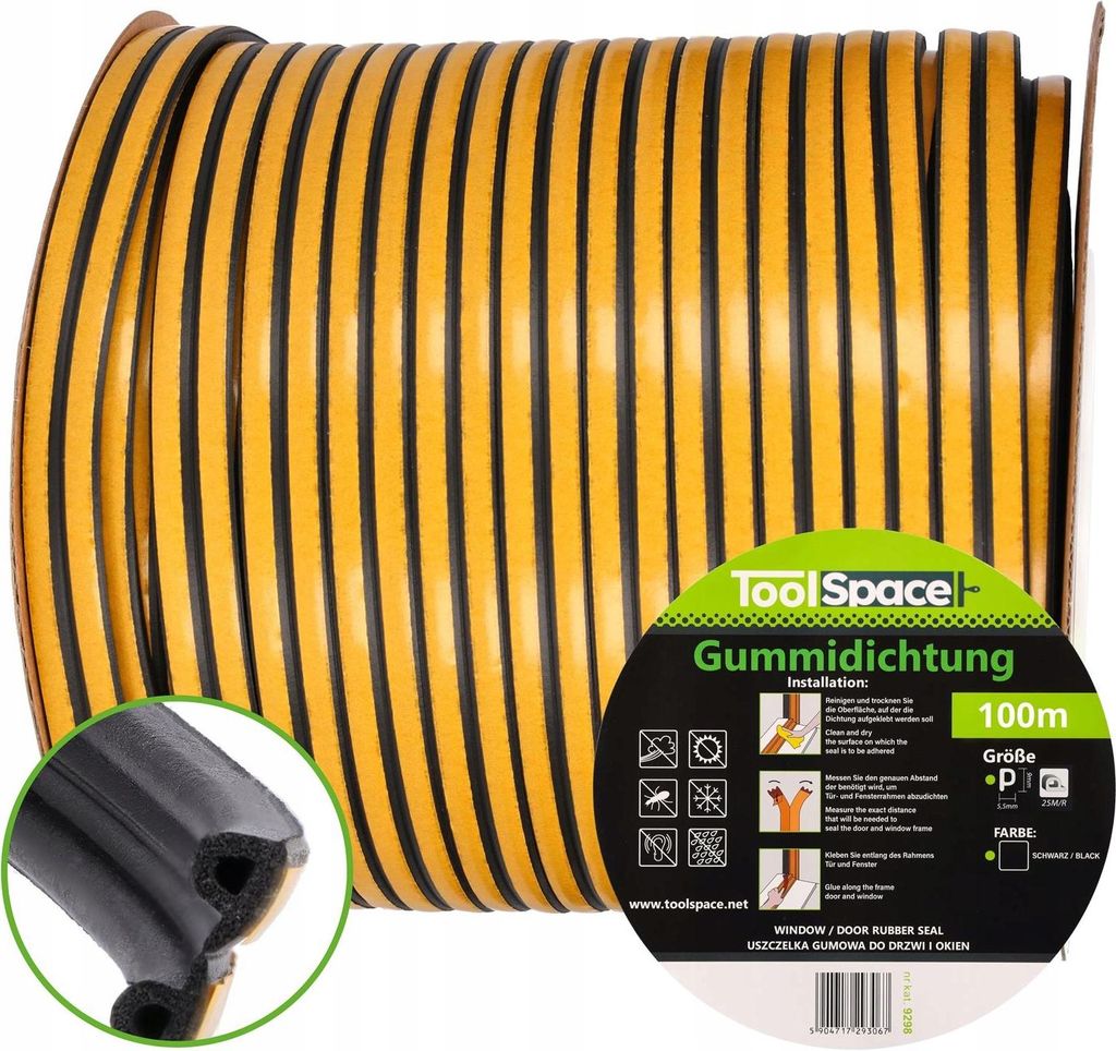 P-Siegel Dichtungsband EPDM-Gummi selbstklebend schwarz 100m x 9mm x 5,5mm für Fenster & Türen, Wärmedämmung, Lärmschutz