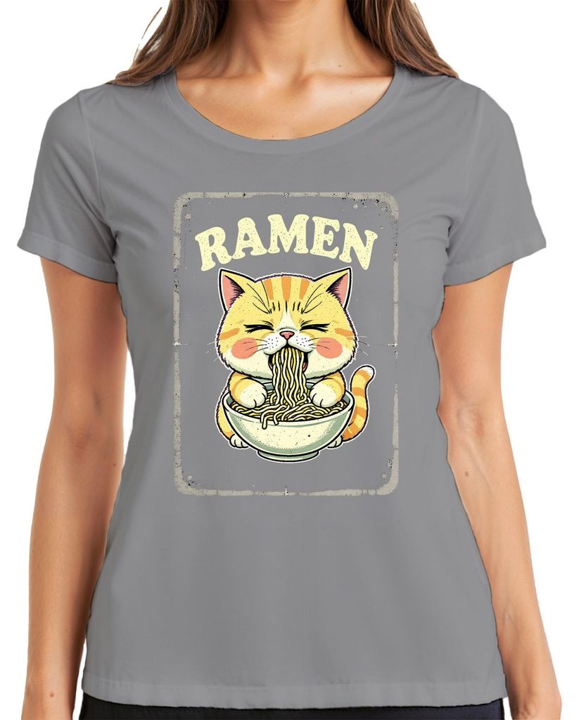 Ramen Katze Nudelsuppe Kawaii Geschenk Retro Vintage Damen T-Shirt, Grau, 3XL