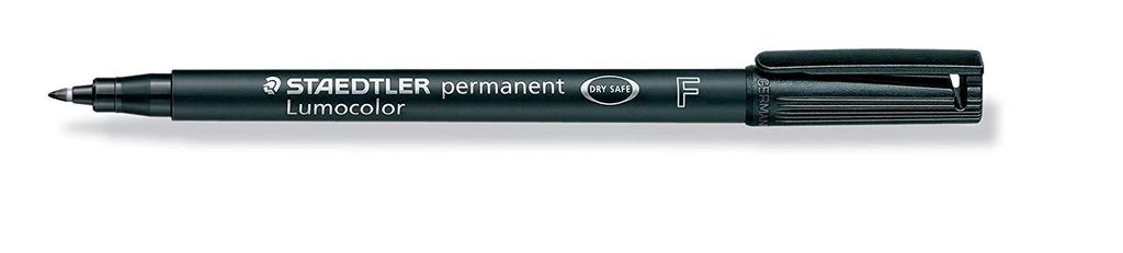 A black Staedtler Lumocolor permanent marker is shown against a white background.
