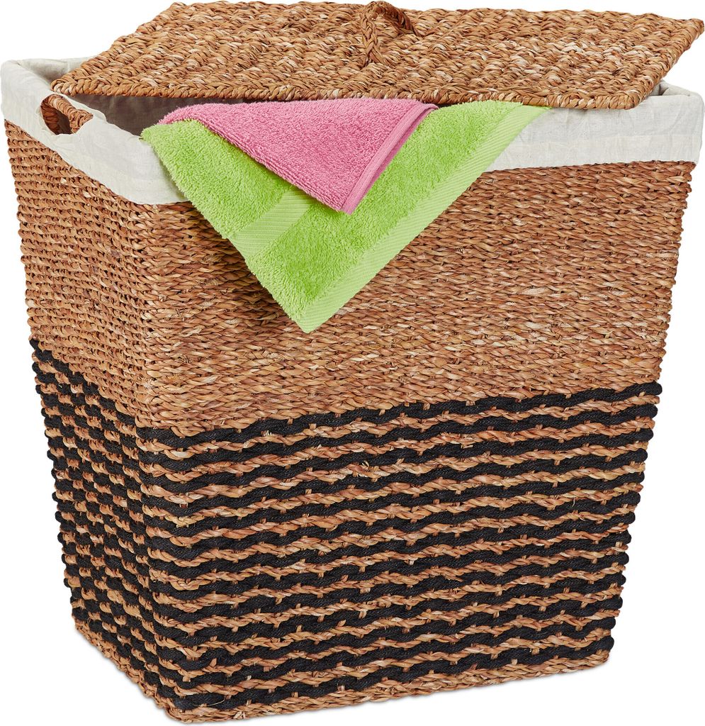 Relaxdays Wäschekorb mit Deckel, aus Seegras, Baumwoll-Wäschesack 87L, HxBxT: 50x50x40 cm, Wäschebehälter, natur/beige