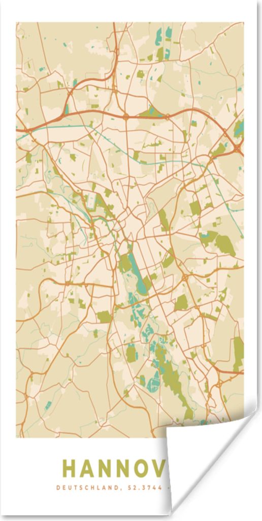 MuchoWow Poster Hannover - Karte - Stadtplan - Vintage - Karte 75x150 cm - Dekoration für die Wände