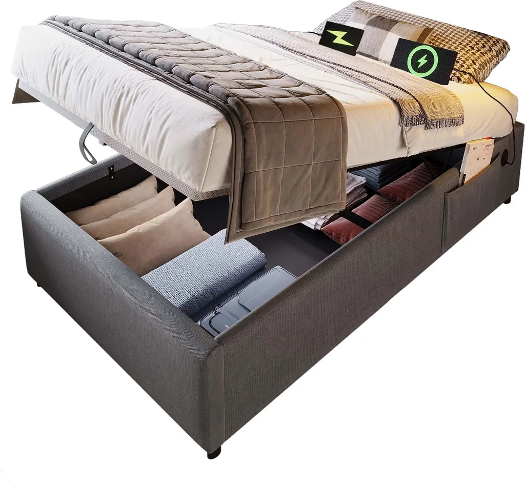 Lit simple 90x190 avec coffre de rangement et tête de lit connectée - 10