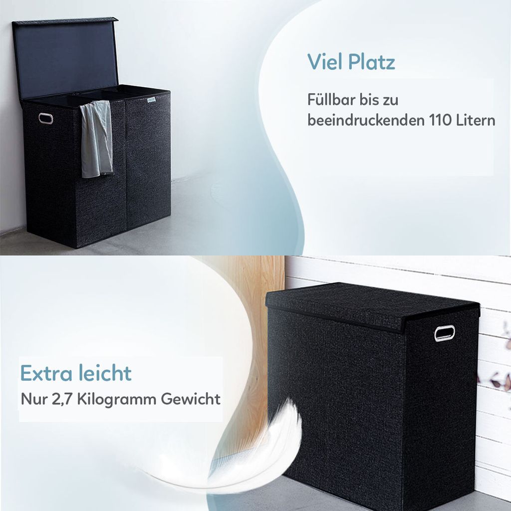 Zonovi Wäschekorb 3 Fächer mit Deckel - Wäschesammler - Produktbild 8