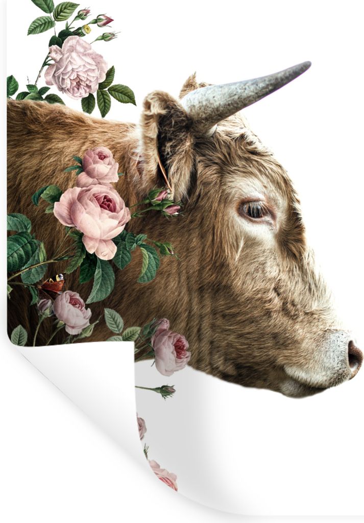 MuchoWow Wandtattoo Wandsticker Wandaufkleber Schottischer Highlander - Kuh - Blumen 120x160 cm Selbstklebend und Repositionierbar - Wierderverwe...