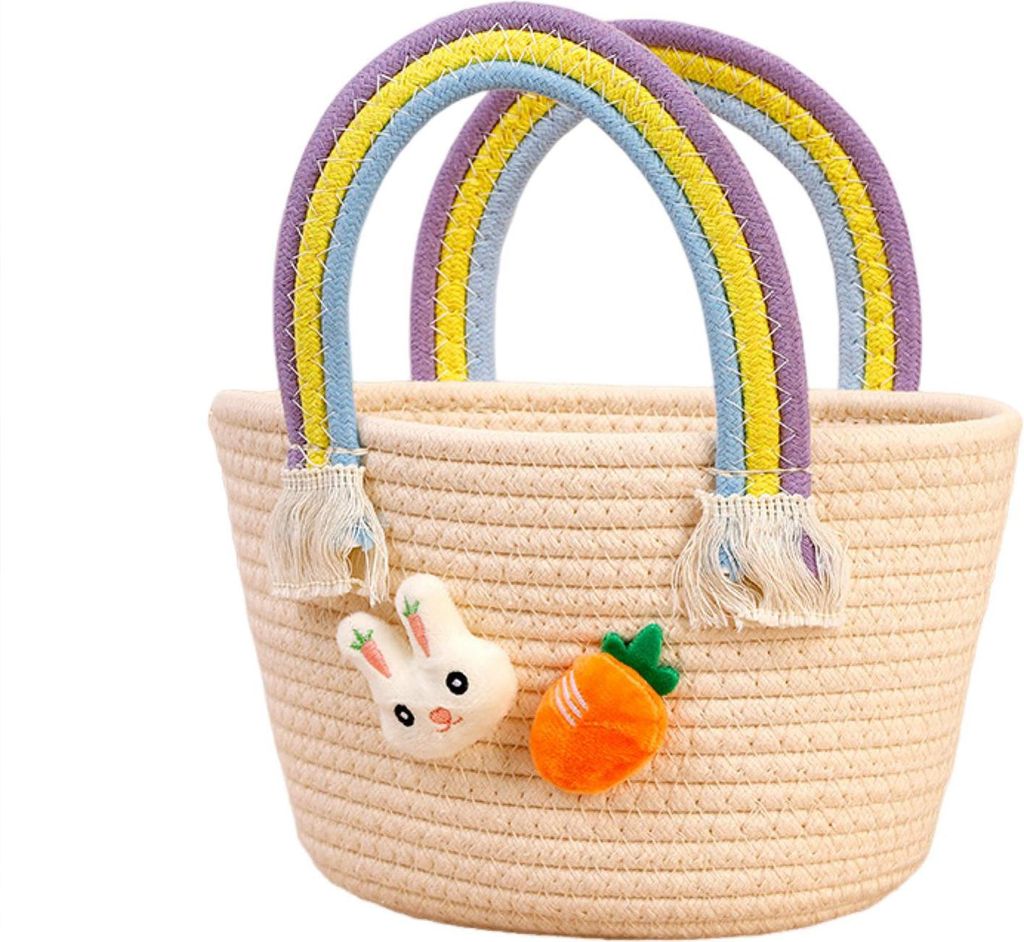 Gewebter Osterkorb mit Griff, aus Baumwolle gewebter Korb zur Eiersuche mit Hase und Karotte, leere Oster-Leckerli-Tasche für Geschenke und Süßi...