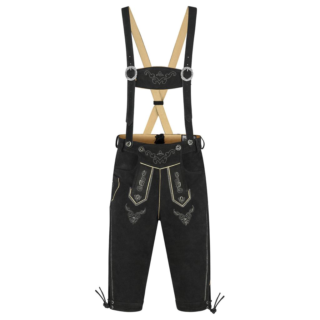 Bohmberg Herren Kniebund Lederhose aus 100 % Rindsleder inkl. Hosenträger schwarze Trachtenhose für Volksfest